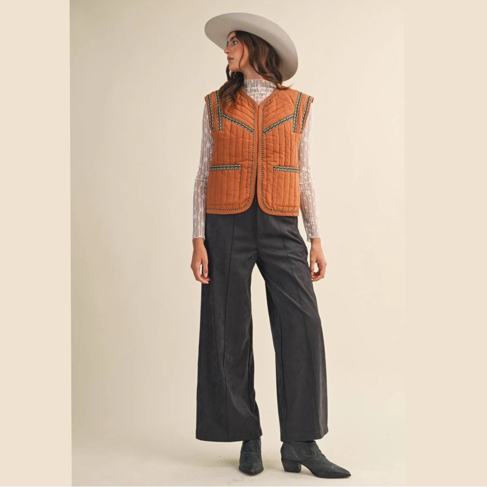 SUEDE RUFFLE TRIM WIDE LEG PANTS IN CHARCOAL